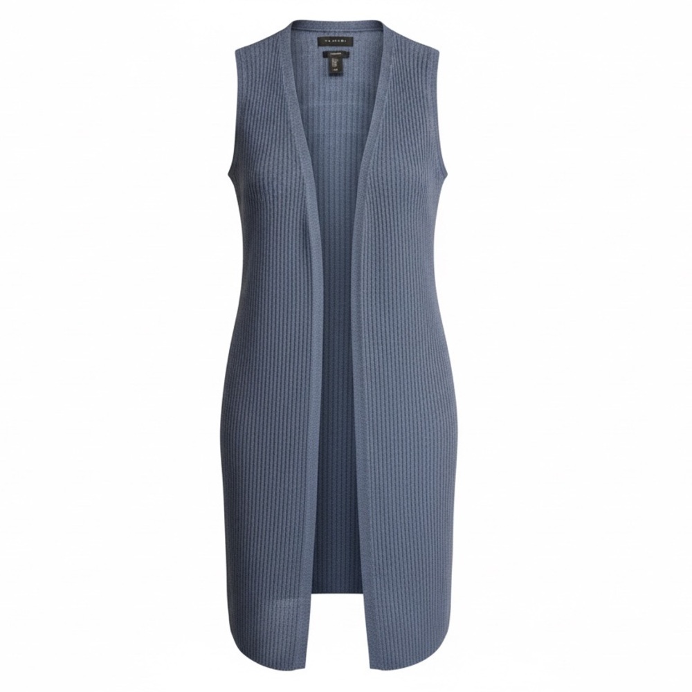100% Linen Tahari Duster Knit Vest Sleeveless Open Front Grey Cardigan Women SzM